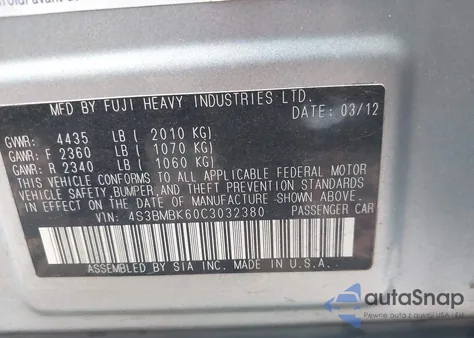 2012 Subaru Legacy 2.5I Limited from USA, damaged, VIN 4S3BMBK60C3032380